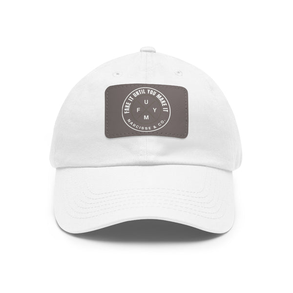Leather Patch Dad Hat — Vintage Circular Logo "FUM" Cap - Fake it Until you Make It